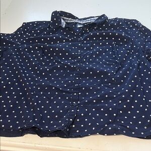 Basic Editions 3X Blue White Short Skeeve Polka Dot Button Up